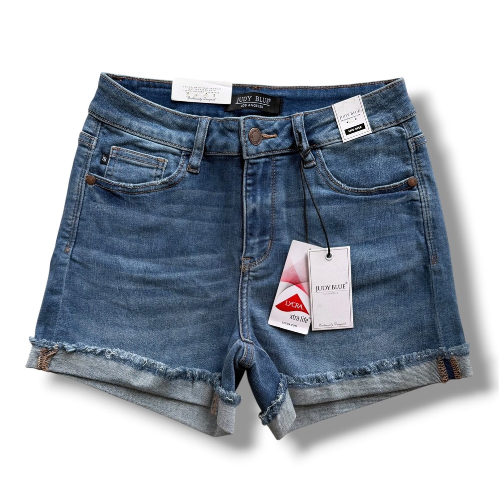 Judy Blue Women S Med Wash Blue Denim MidRise Cuffed Frayed Jean Shorts JB150038